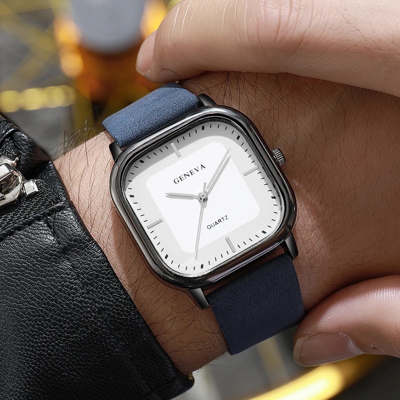 Leather Watch Band Men - ساعة رجالية عصرية كلاسيكية بمينا مربعة